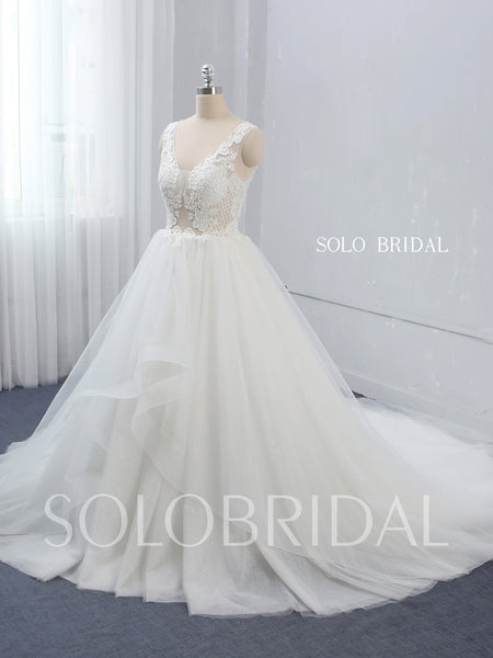 Deep V Neck Ivory Wedding Dress with Cathedral Train