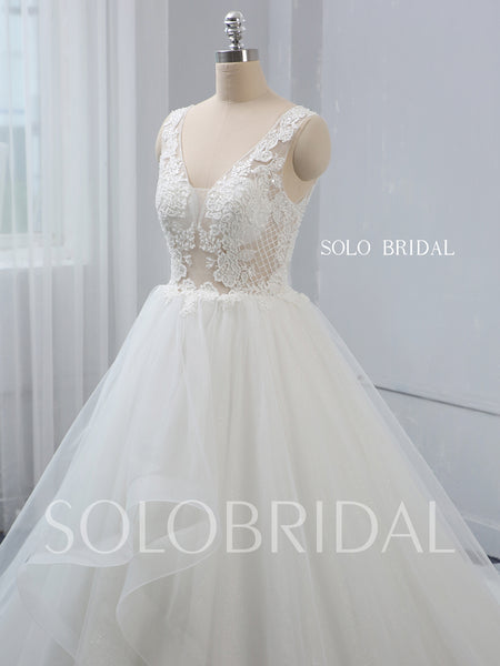 Deep V Neck Ivory Wedding Dress with Cathedral Train