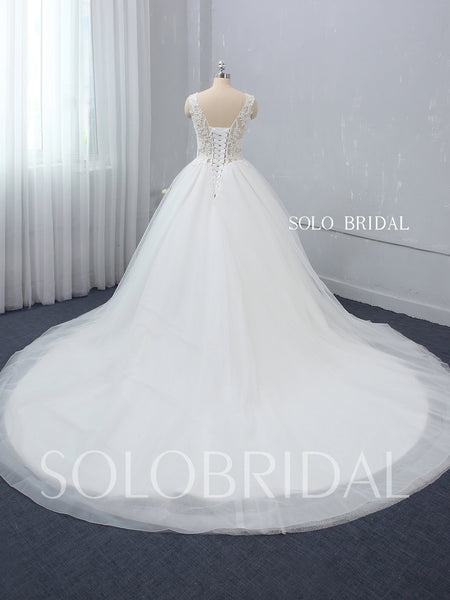 Deep V Neck Ivory Wedding Dress with Cathedral Train