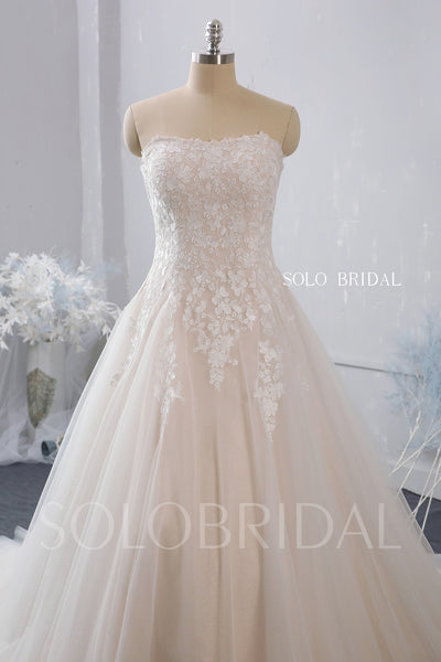 Strapless A Line Blush Wedding Dress with Court Train