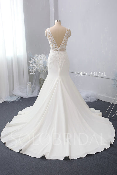 Ivory V Neck Fit and Flare Wedding Dress with Cathedral Train