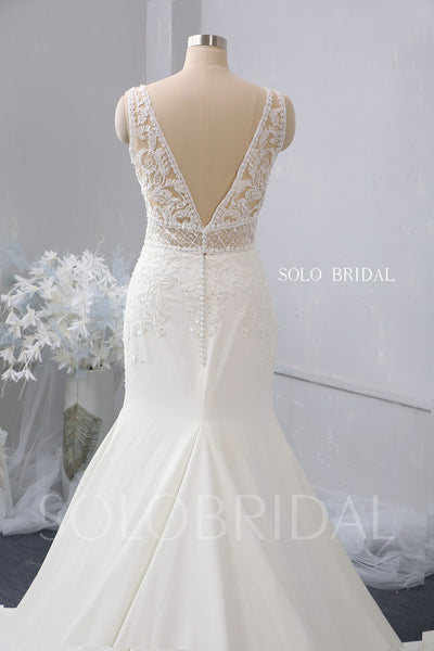 Ivory V Neck Fit and Flare Wedding Dress with Cathedral Train