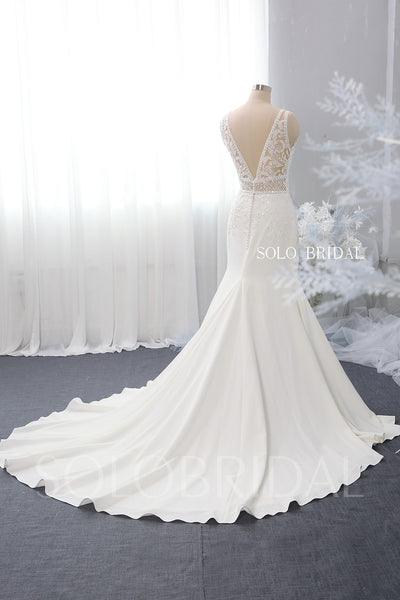 Ivory V Neck Fit and Flare Wedding Dress with Cathedral Train