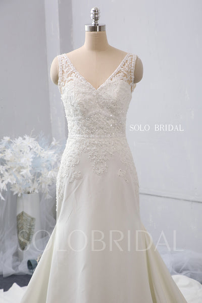 Ivory V Neck Fit and Flare Wedding Dress with Cathedral Train