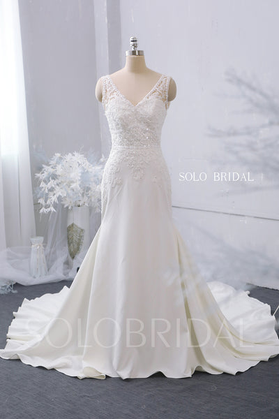 Ivory V Neck Fit and Flare Wedding Dress with Cathedral Train