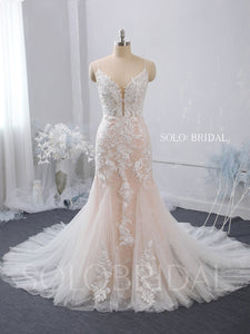Plunge Neck Fit and Flare Blush Pink Wedding Dress with Chapel Train