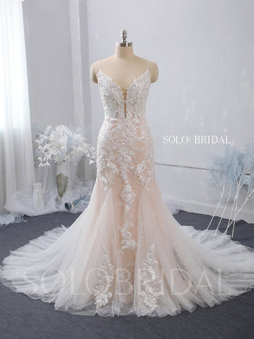 Plunge Neck Fit and Flare Blush Pink Wedding Dress with Chapel Train