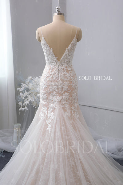 Plunge Neck Fit and Flare Blush Pink Wedding Dress with Chapel Train