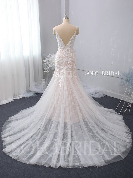Plunge Neck Fit and Flare Blush Pink Wedding Dress with Chapel Train
