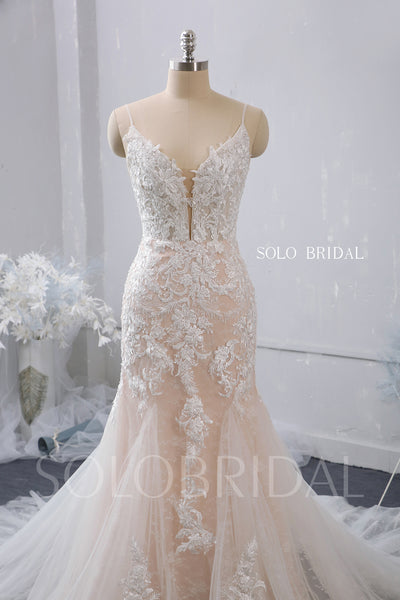 Plunge Neck Fit and Flare Blush Pink Wedding Dress with Chapel Train