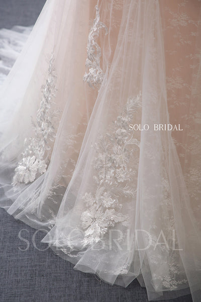 Plunge Neck Fit and Flare Blush Pink Wedding Dress with Chapel Train