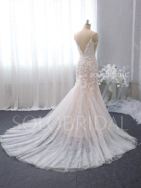 Plunge Neck Fit and Flare Blush Pink Wedding Dress with Chapel Train