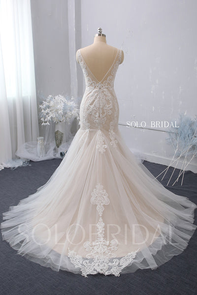 V Neck Fit and Flare Blush Wedding Dress with Court Train