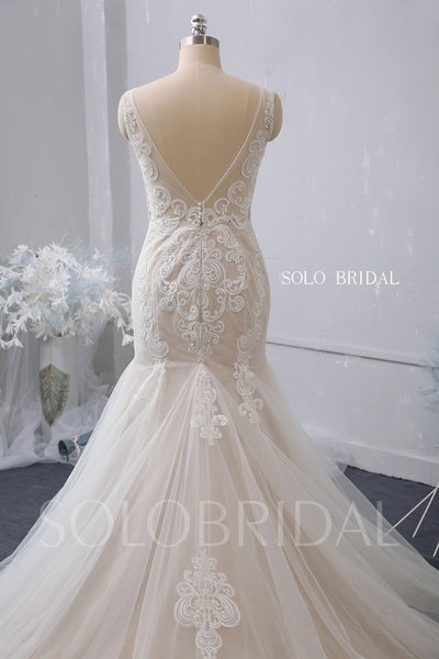 V Neck Fit and Flare Blush Wedding Dress with Court Train