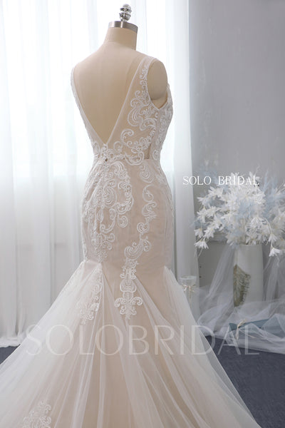 V Neck Fit and Flare Blush Wedding Dress with Court Train