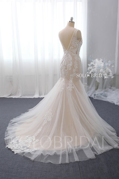 V Neck Fit and Flare Blush Wedding Dress with Court Train