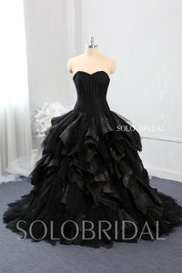 Black Strapless Sweetheart Ruffle and Embroidered Wedding Dress with Sweep Train
