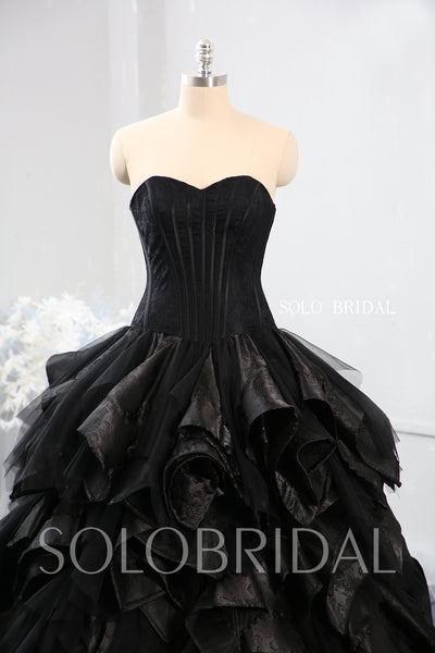 Black Strapless Sweetheart Ruffle and Embroidered Wedding Dress with Sweep Train