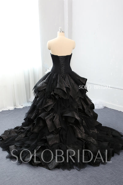 Black Strapless Sweetheart Ruffle and Embroidered Wedding Dress with Sweep Train