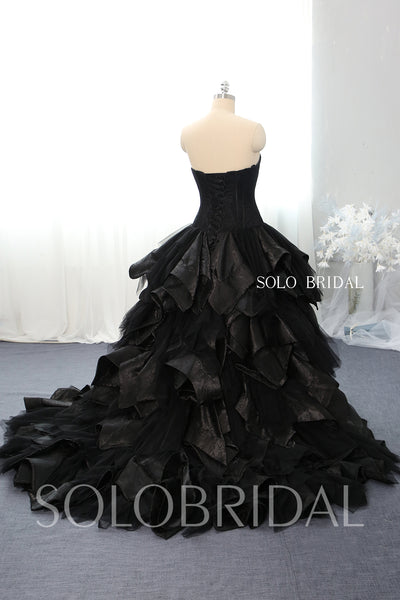 Black Strapless Sweetheart Ruffle and Embroidered Wedding Dress with Sweep Train