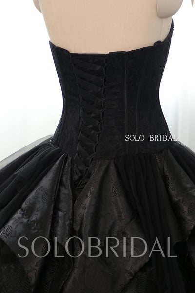 Black Strapless Sweetheart Ruffle and Embroidered Wedding Dress with Sweep Train