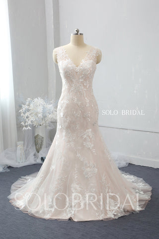 Blush Pink Fit and Flare Wedding Dress with Chapel Train