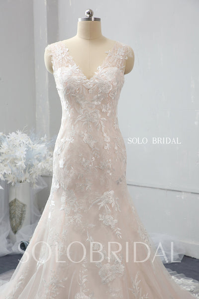 Blush Pink Fit and Flare Wedding Dress with Chapel Train