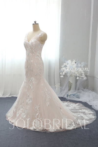 Blush Pink Fit and Flare Wedding Dress with Chapel Train