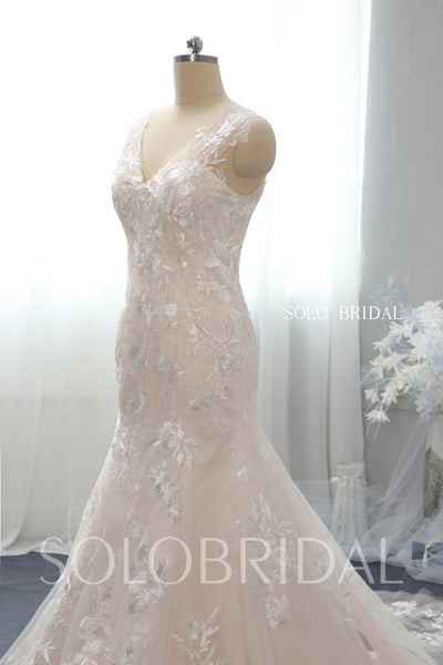 Blush Pink Fit and Flare Wedding Dress with Chapel Train