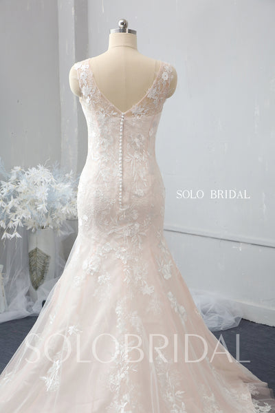 Blush Pink Fit and Flare Wedding Dress with Chapel Train