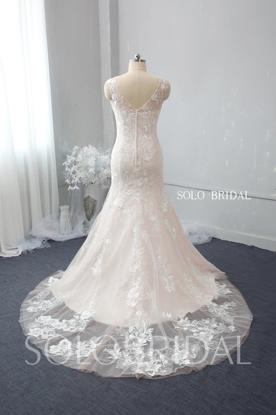 Blush Pink Fit and Flare Wedding Dress with Chapel Train