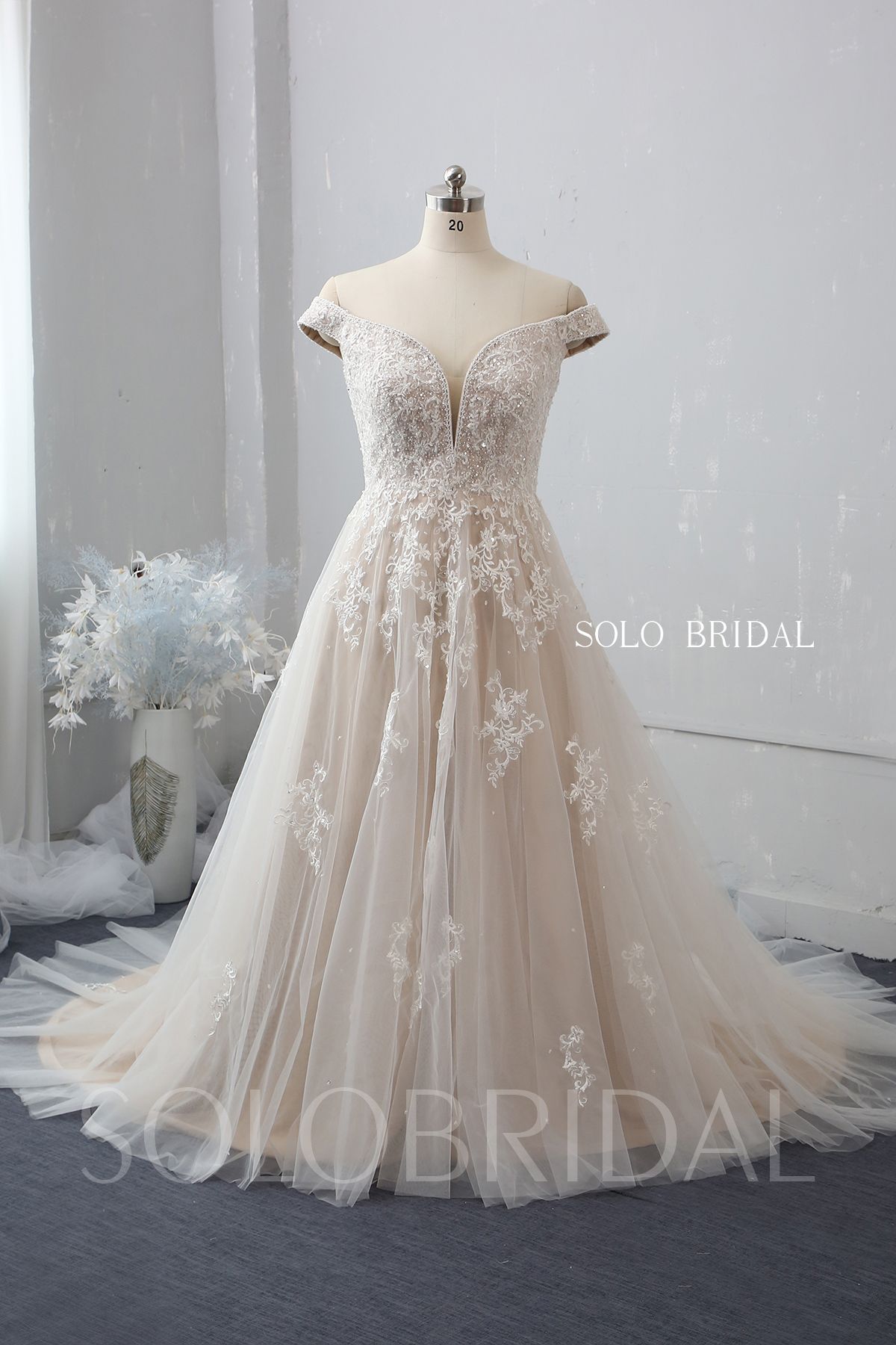 Off Shoulder A Line Wedding Dress with Chapel Train