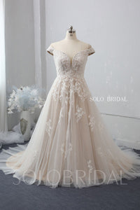 Off Shoulder A Line Wedding Dress with Chapel Train