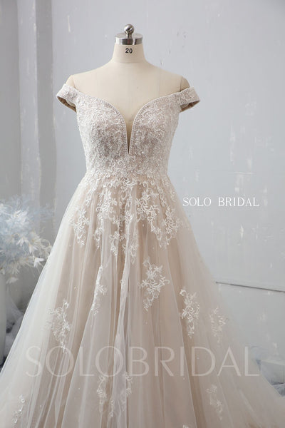 Off Shoulder A Line Wedding Dress with Chapel Train