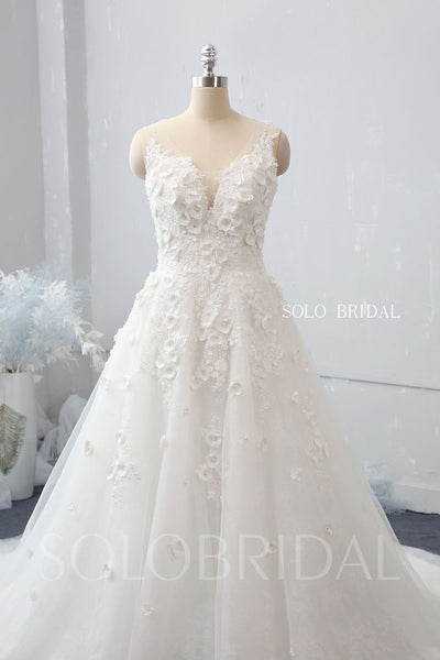Ivory A line V neck 3D Flowers Wedding Dress with Chapel Train