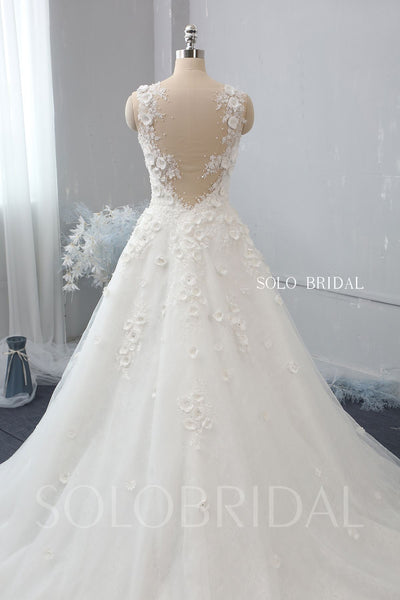 Ivory A line V neck 3D Flowers Wedding Dress with Chapel Train