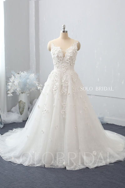 Ivory A line V neck 3D Flowers Wedding Dress with Chapel Train