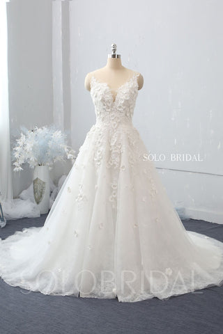 Ivory A line V neck 3D Flowers Wedding Dress with Chapel Train