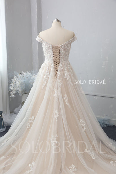 Off Shoulder A Line Wedding Dress with Chapel Train