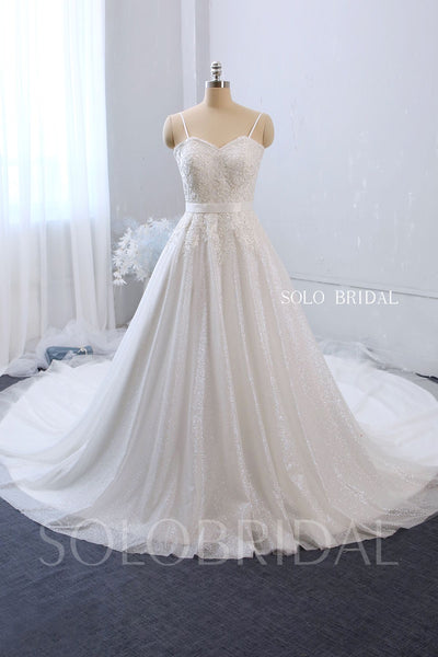 A Line Sweetheart Spaghetti Strap Wedding Dress with Cathedral Train and Sparkly Skirt