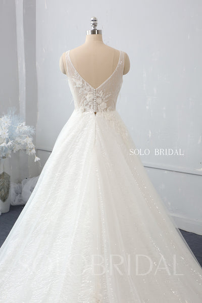 A Line 3D Feathers and Flowers V Neck Wedding Dress with Cathedral Train