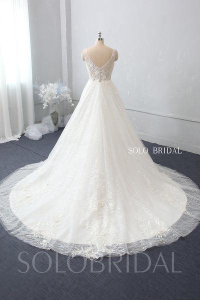 A Line 3D Feathers and Flowers V Neck Wedding Dress with Cathedral Train